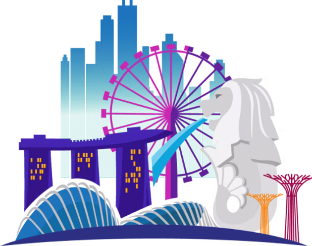 Singapore skyline illustration with Merlion and Marina Bay Sands
